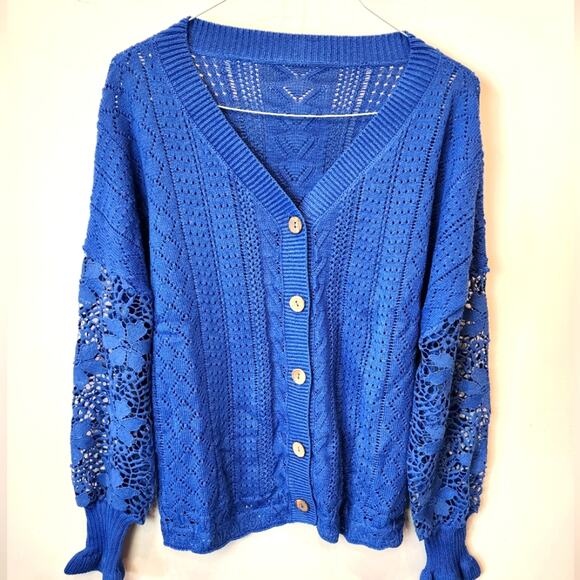 New Blue Crochet Knit Sweater Oversized Button Front Cardigan Size XL - Picture 2 of 8